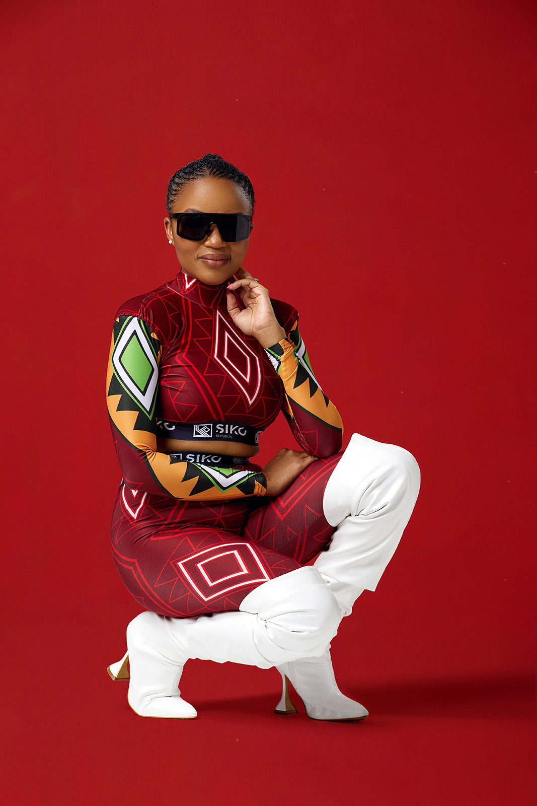 QNDI Red Puff Shoulder Crop Top